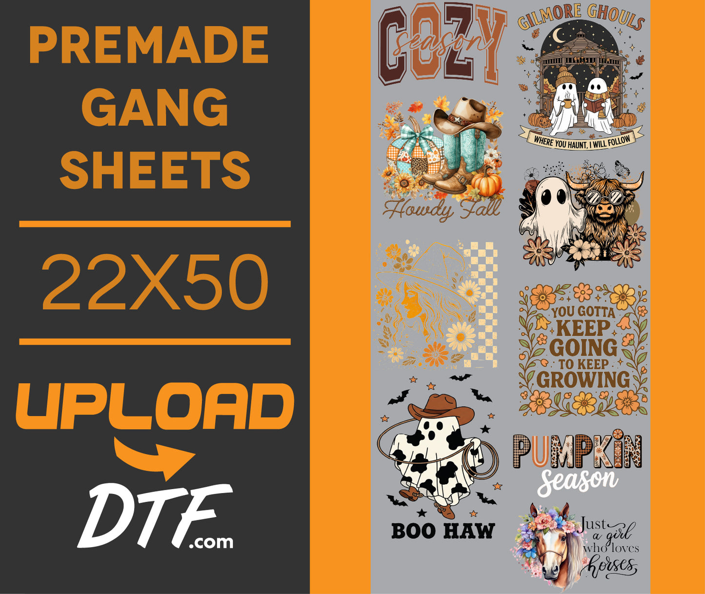 Cozy Season – Premade 22x50 DTF Gang Sheet | Fall Western & Halloween Mix - $24.99