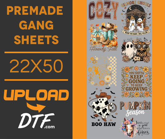 Cozy Season – Premade 22x50 DTF Gang Sheet | Fall Western & Halloween Mix - $24.99