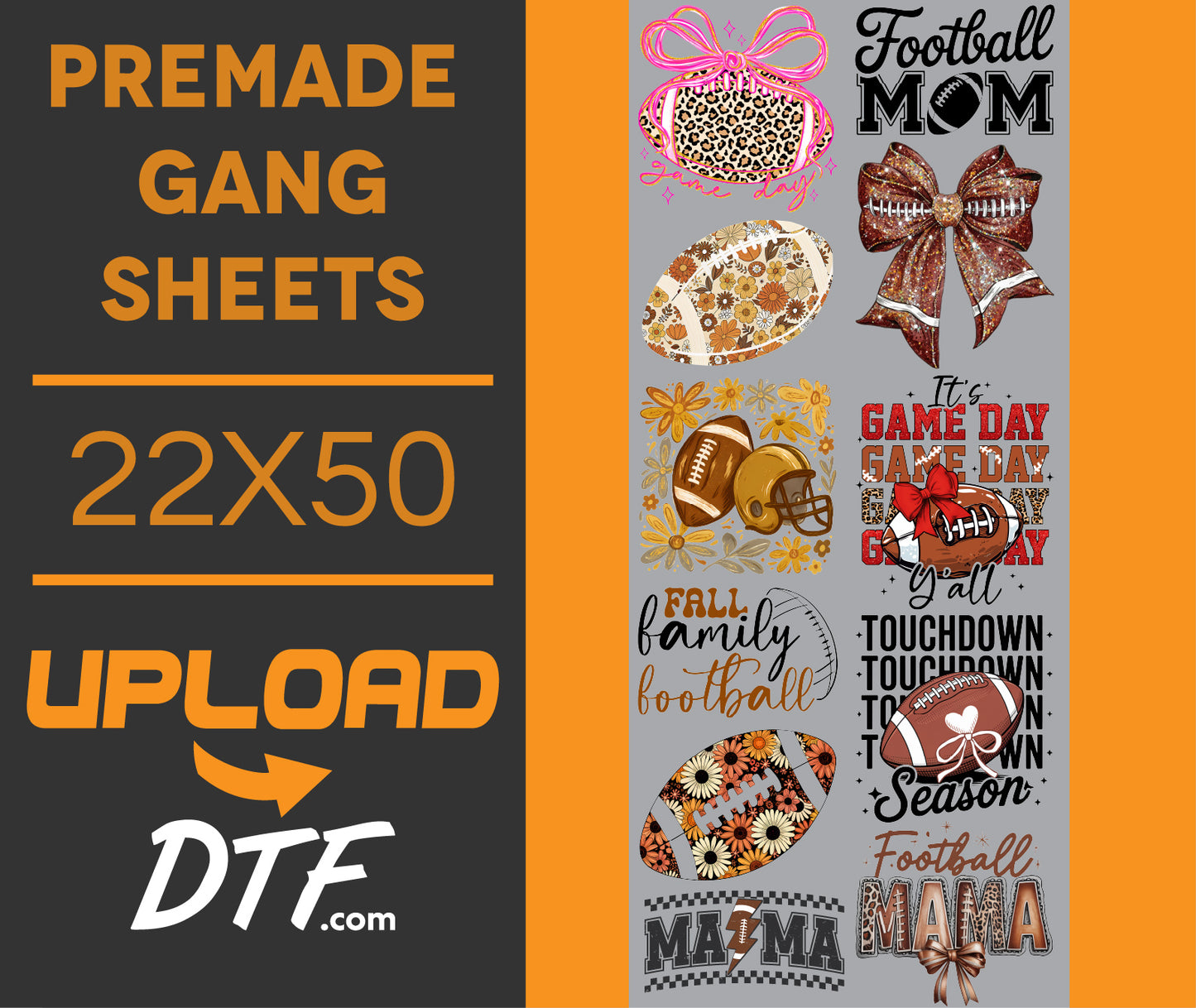 Football Mom – Premade 22x50 DTF Gang Sheet | Game Day & Fall Sports Designs - $24.99