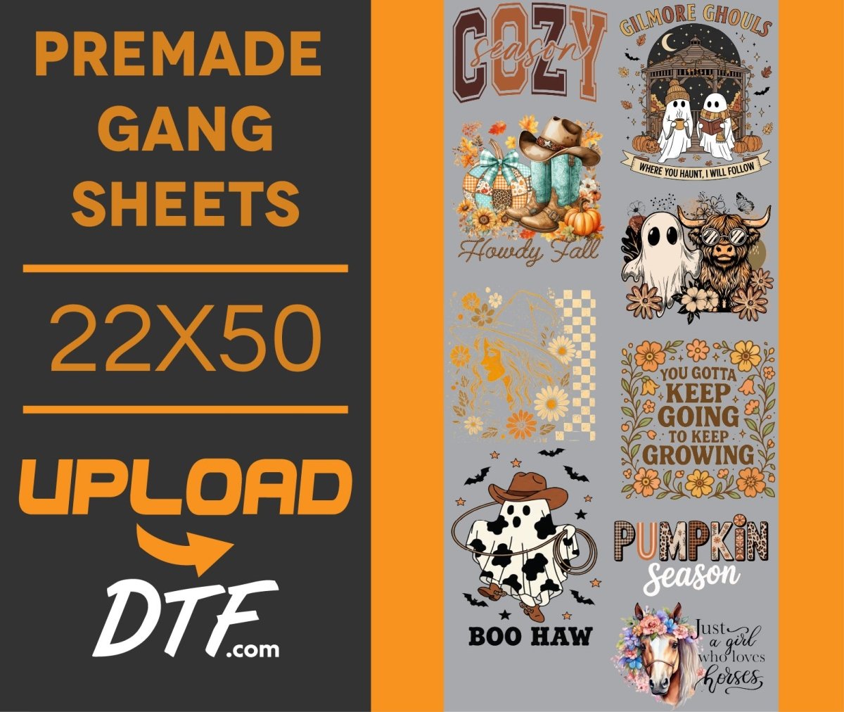 Cozy Season – Premade 22x50 DTF Gang Sheet | Fall Western & Halloween Mix - $24.99 - UploadDTF