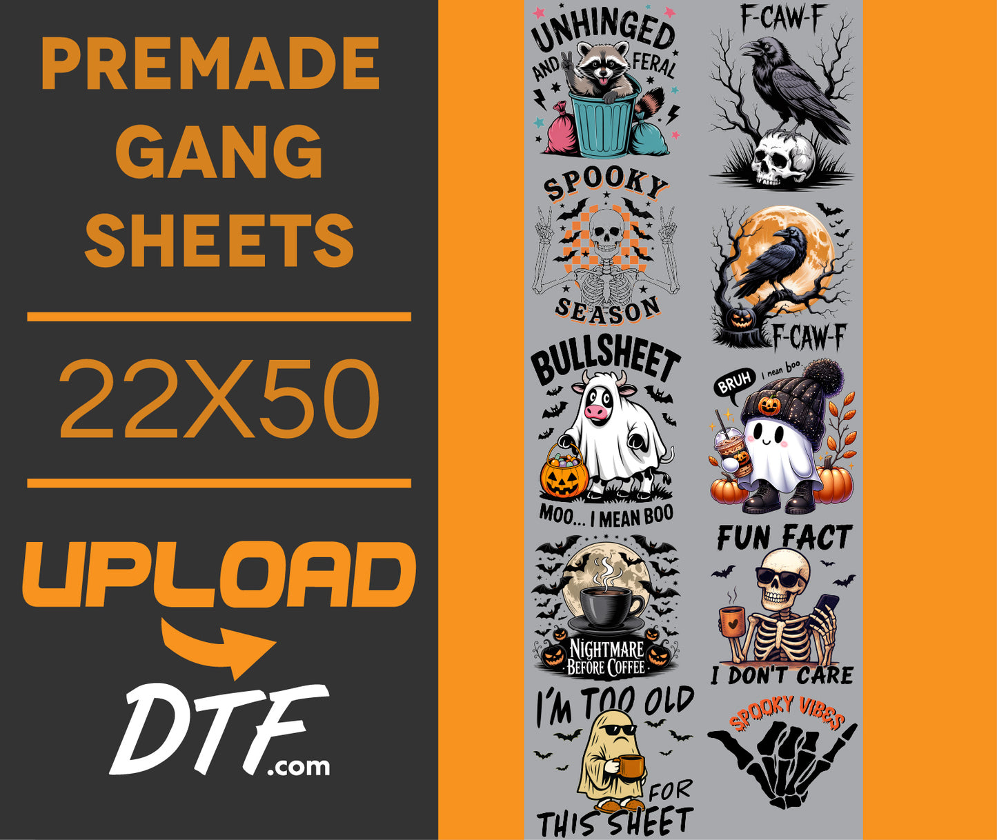 Bullsheet – Halloween Premade 22x50 DTF Gang Sheet | Funny Spooky Designs - $24.99