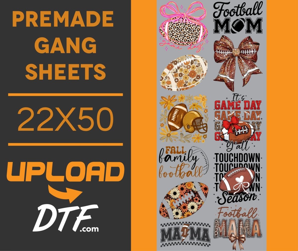 Football Mom – Premade 22x50 DTF Gang Sheet | Game Day & Fall Sports Designs - $24.99 - UploadDTF