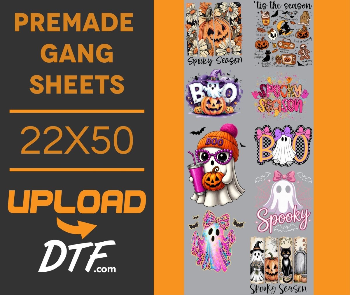 Spooky Season – Premade 22x50 DTF Gang Sheet | Cute Halloween Ghost Designs - $24.99 - UploadDTF