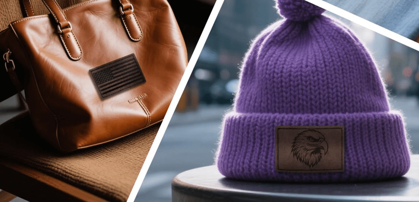 Custom leatherette patches on beanie and bag laser engraved - UploadDTF