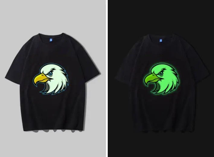 Glow in the dark DTF transfers before and after dark vs glow comparison - UploadDTF