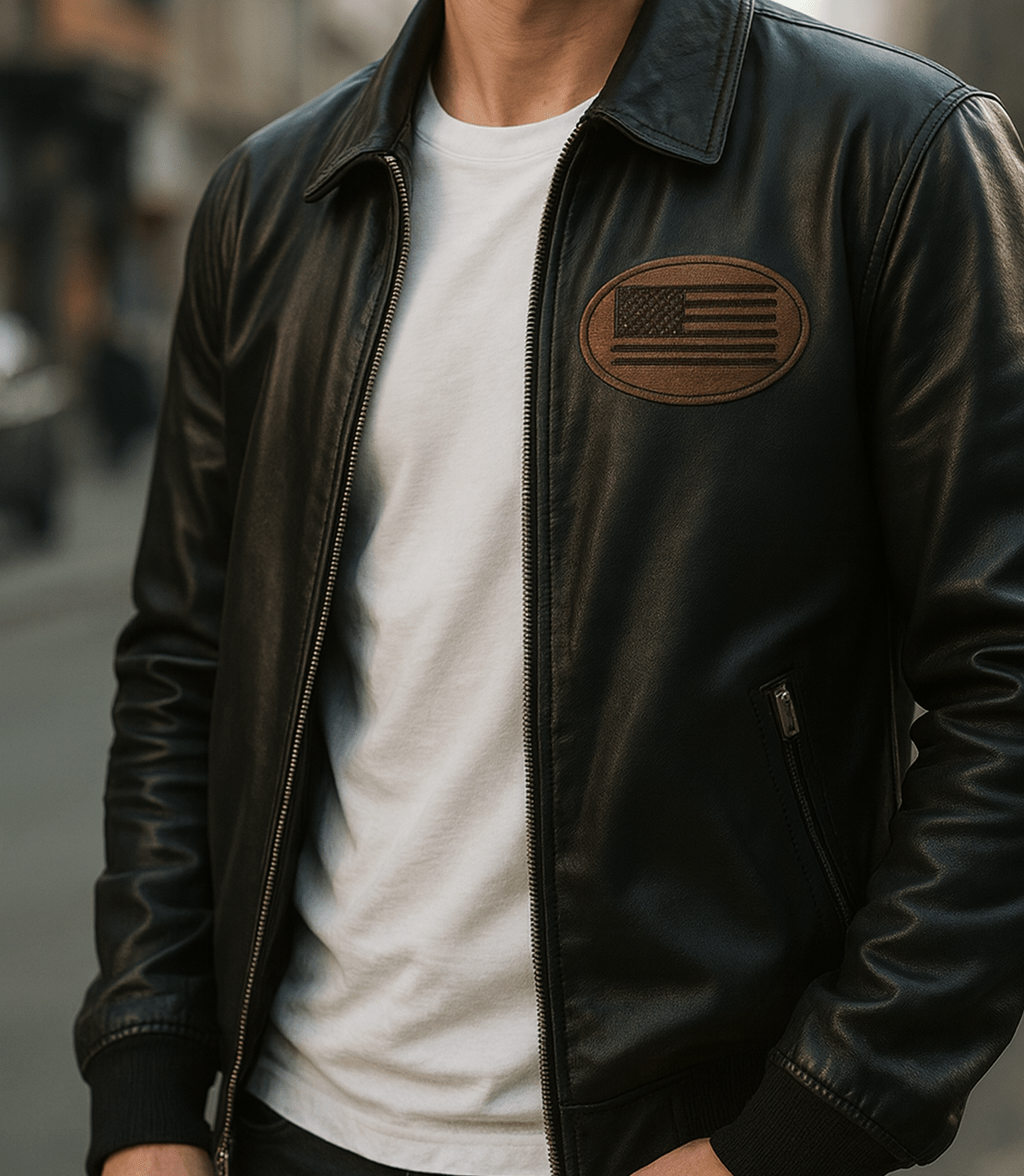 Custom leatherette patch on jacket laser engraved heat press - UploadDTF