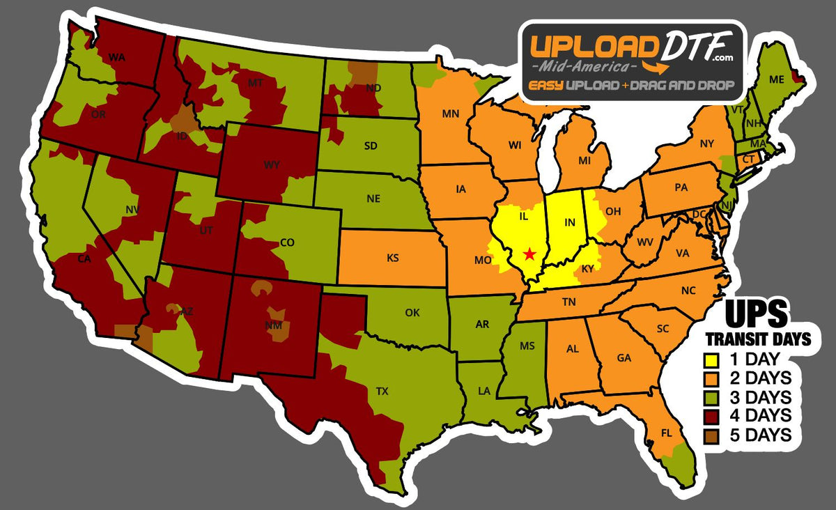 UPS Ground transit map showing 1-day, 2-day, 3-day and 4-day shipping zones from Southern Illinois